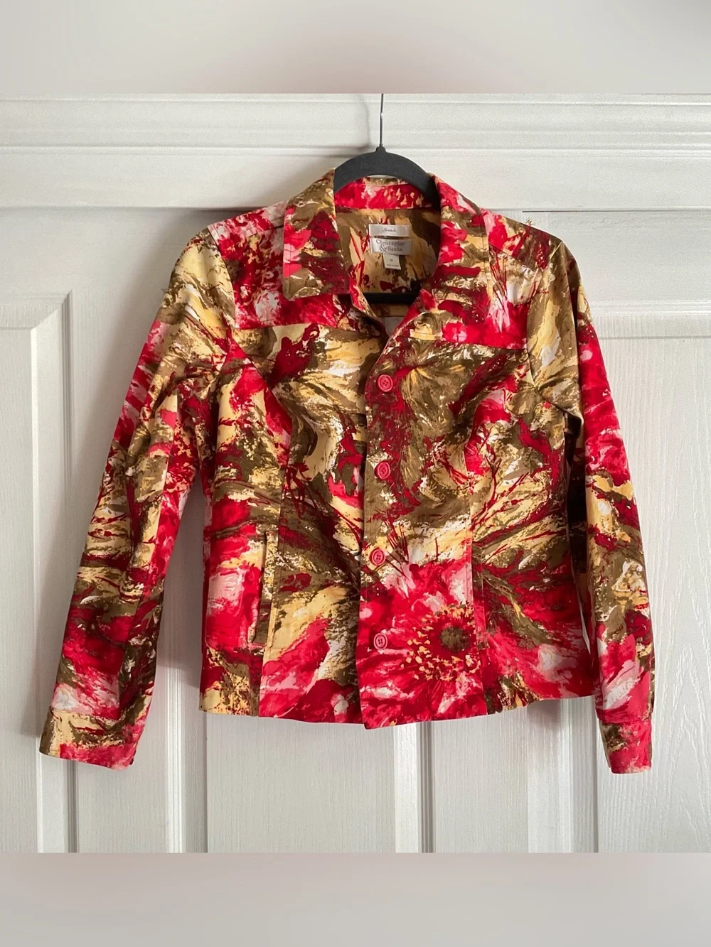Artsy Floral Print Button Up Cotton Jacket Women’s Medium Red Stretch Art Boho